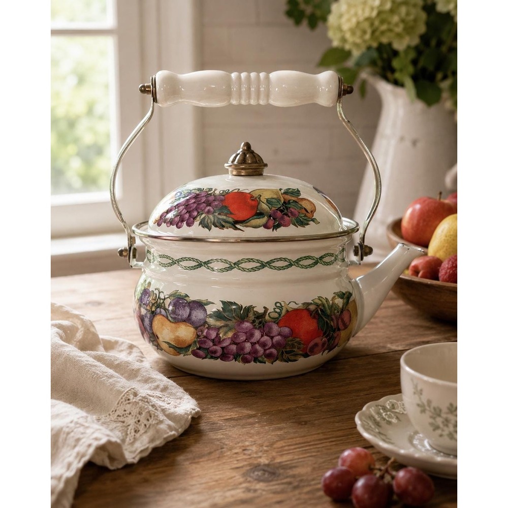 Vintage Lincoln Ware Style Enamel Tea Kettle Fruit Pattern Farmhouse Decor